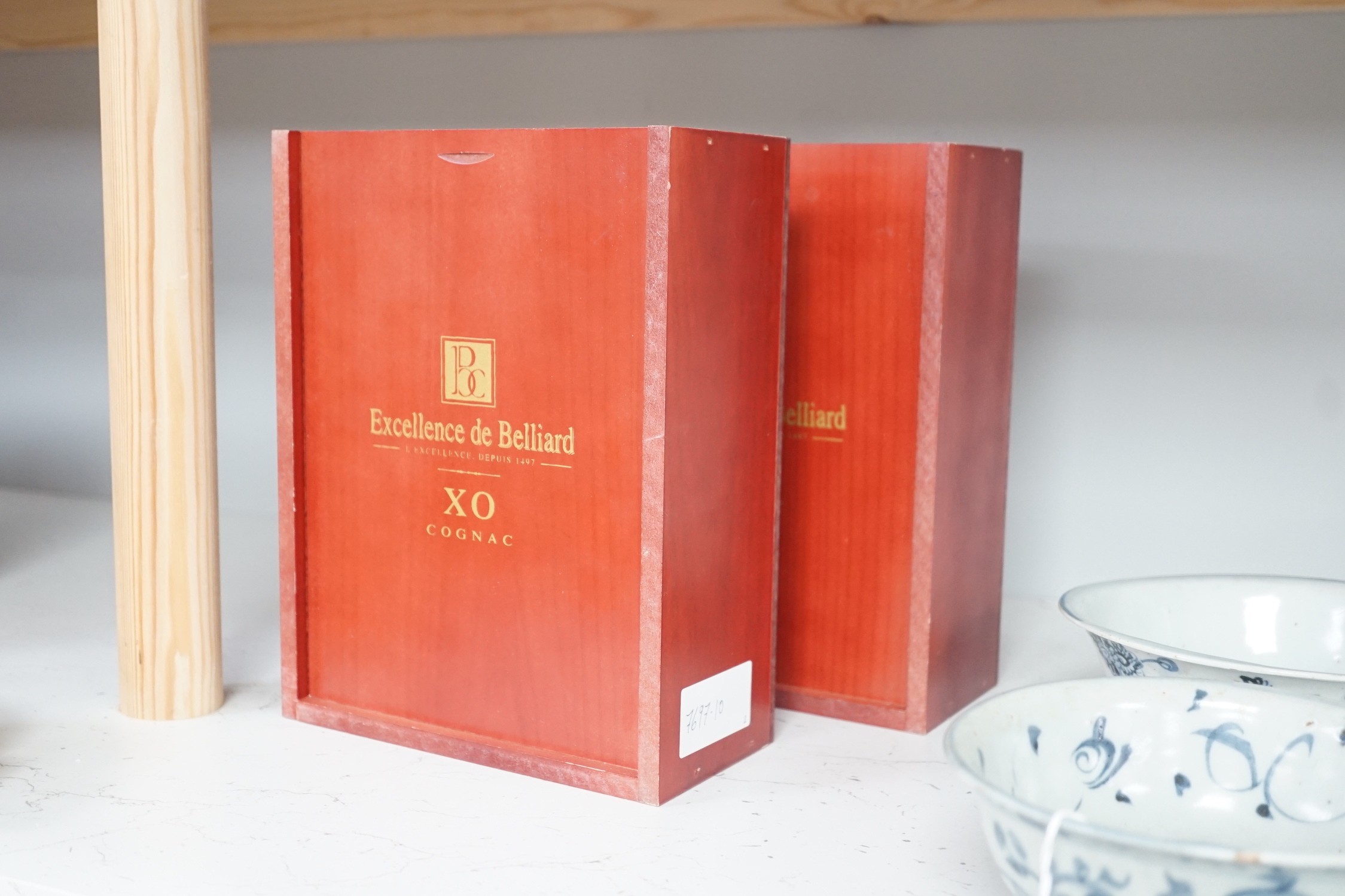 Two bottles of L'Excellence De Belliard Cognac XO each in wooden case (decanter bottle)